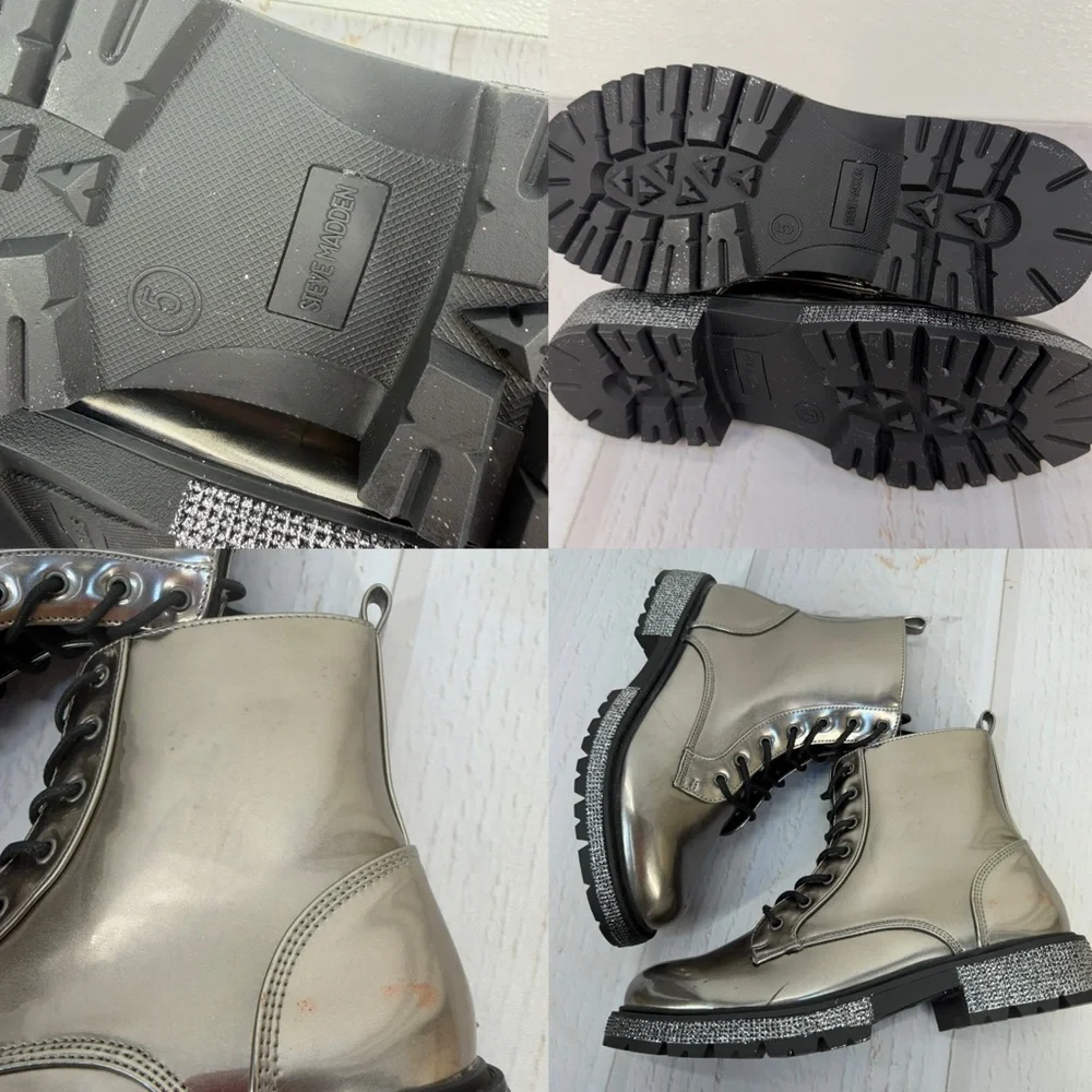 Steve‎ Madden Jwoots Combat Boots Metallic Gunmetal Size 5